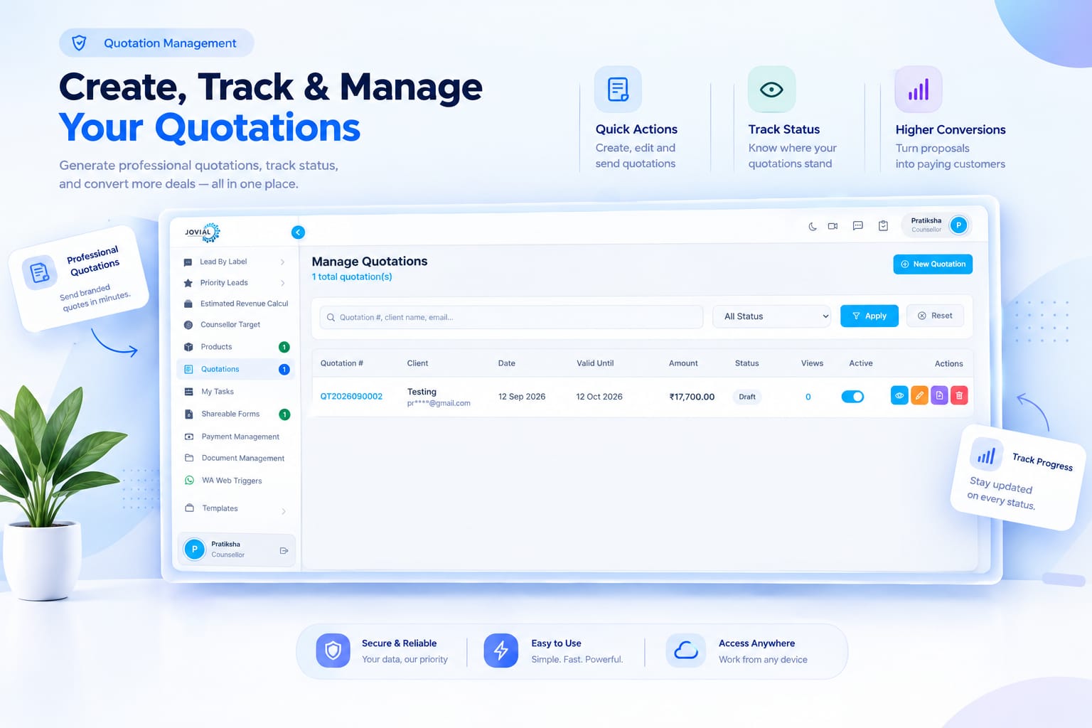 Sales Mitra CRM screen: Manage quotations